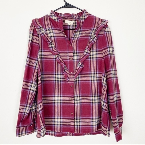 NWOT ENTRO Burgundy Plaid Ruffle Western Button Up Top Medium Equestrian Blouse - Picture 2 of 6